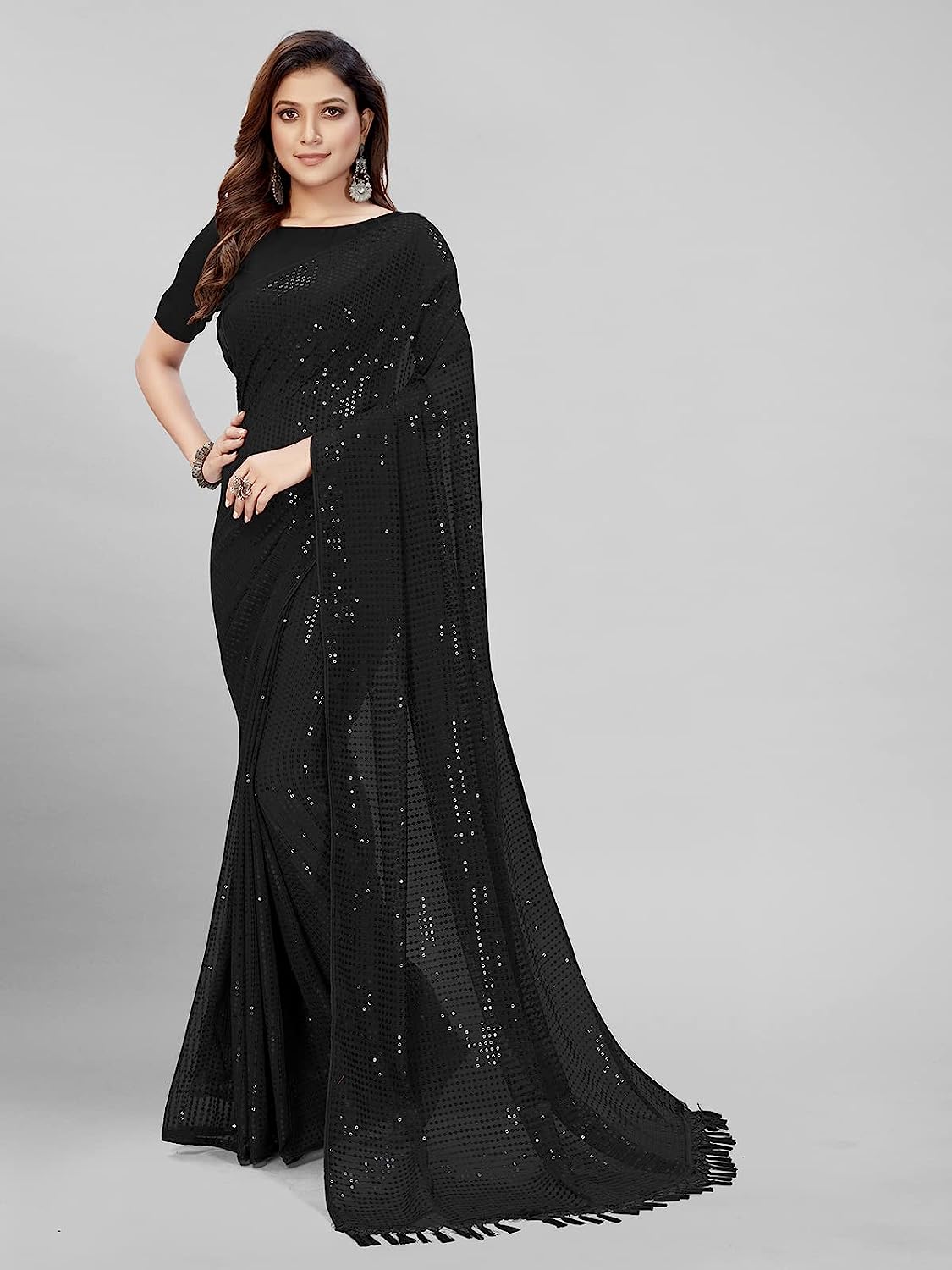 Black Women's Sequins Georgette Fancy Saree