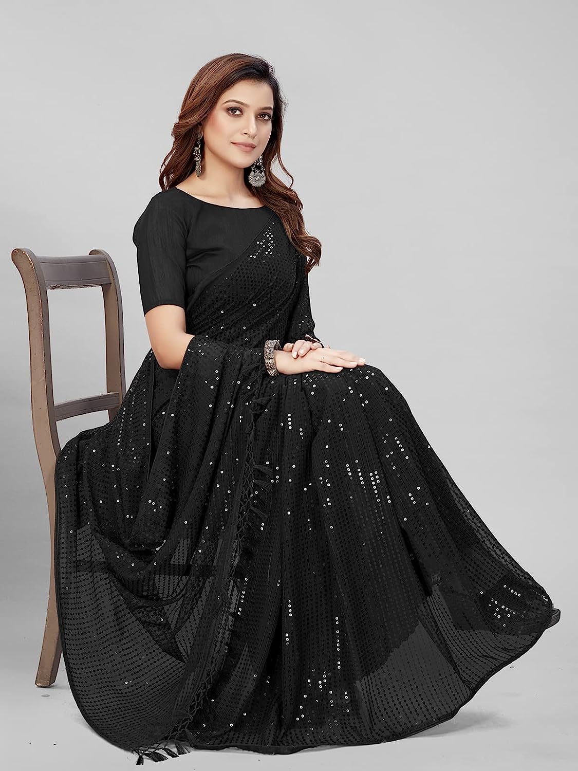 Black Women's Sequins Georgette Fancy Saree