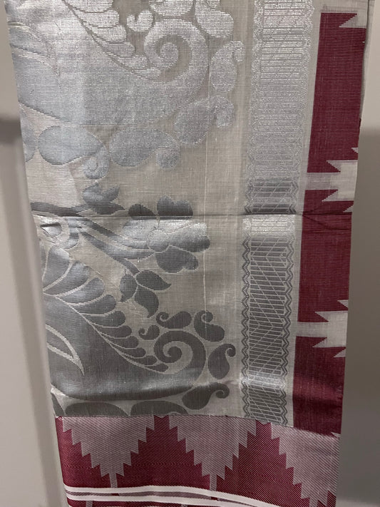 Kerala Kasavu Saree -Maroon and Silver