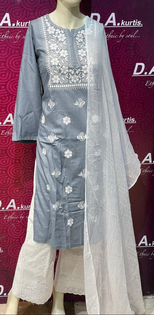 Beautiful Chikankari Suit Set - Kurti, Palazzo and Duppatta