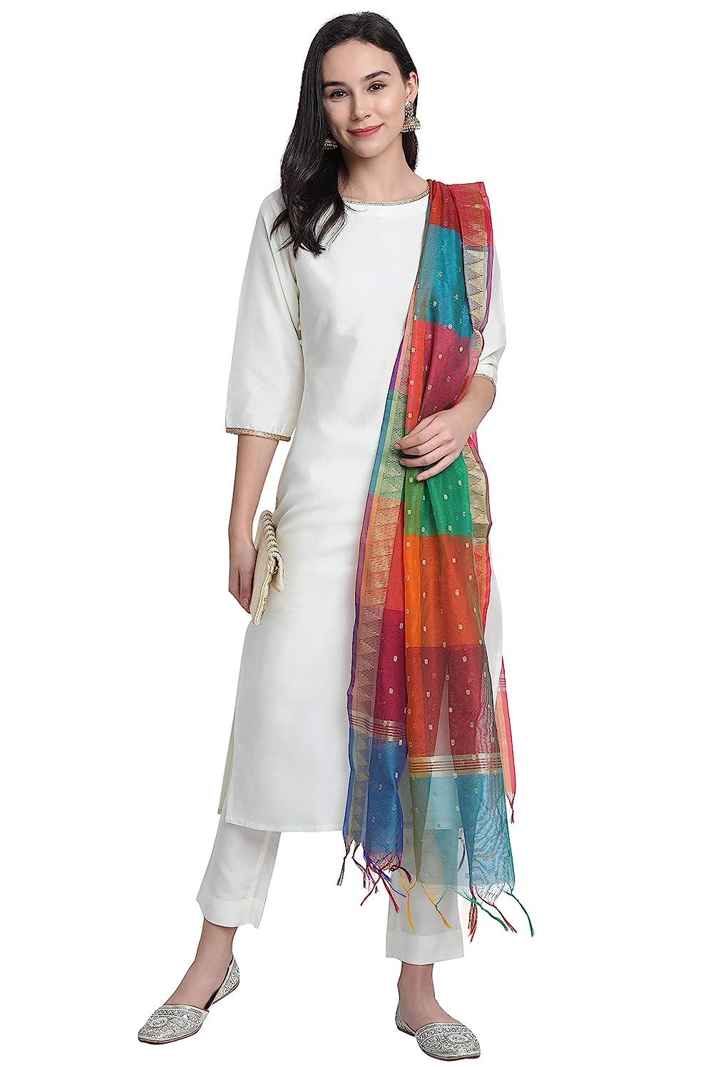 Women's Off-White Poly Silk Solid Kurta with Pant and Colorful Dupatta