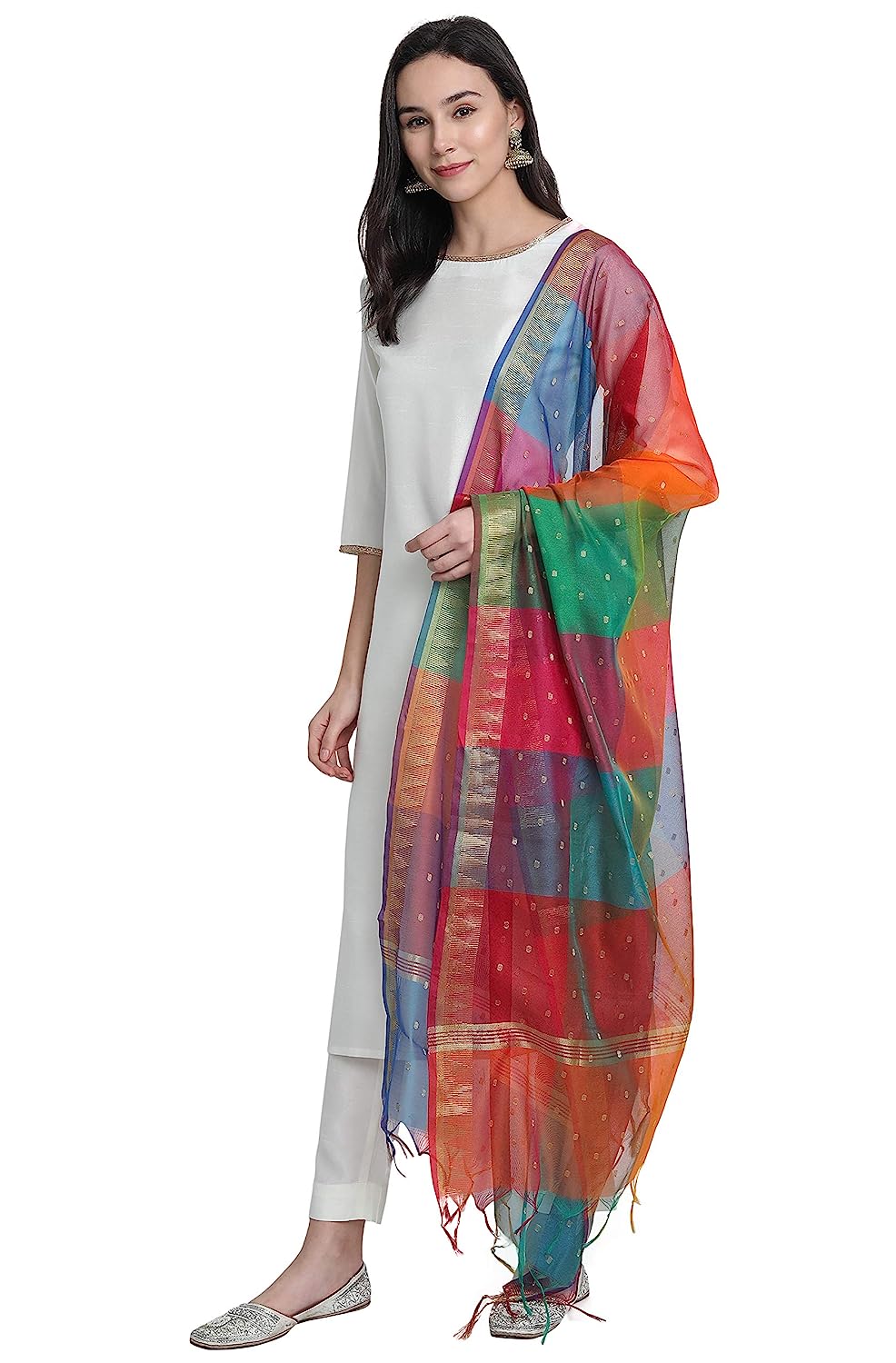 Women's Off-White Poly Silk Solid Kurta with Pant and Colorful Dupatta