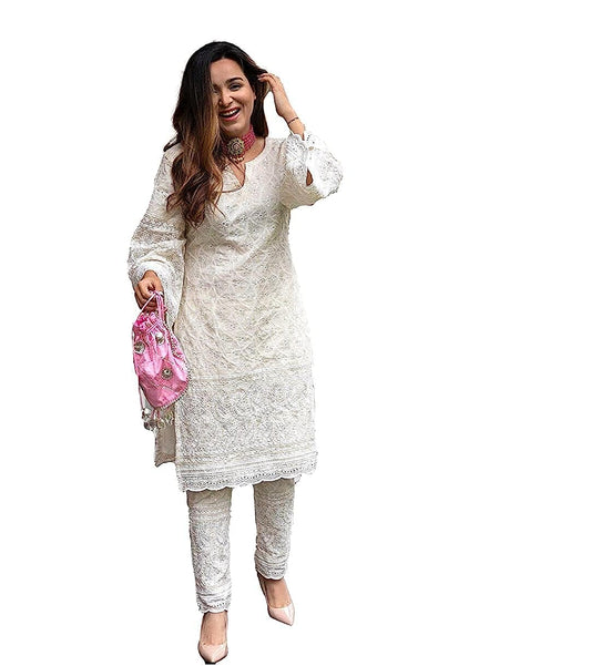 Off White Women's Cotton Blend  Beautiful Chikankari Kurta  - L